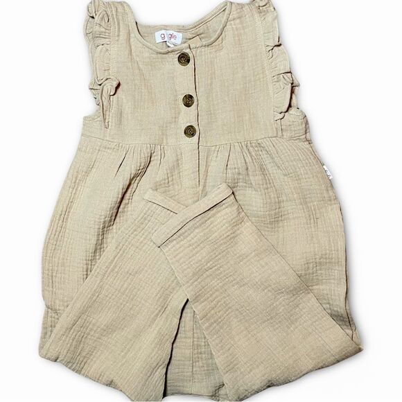 Giggle cotton muslin ruffle jumpsuit beige 3T neutral toddler onesie New - Picture 5 of 11